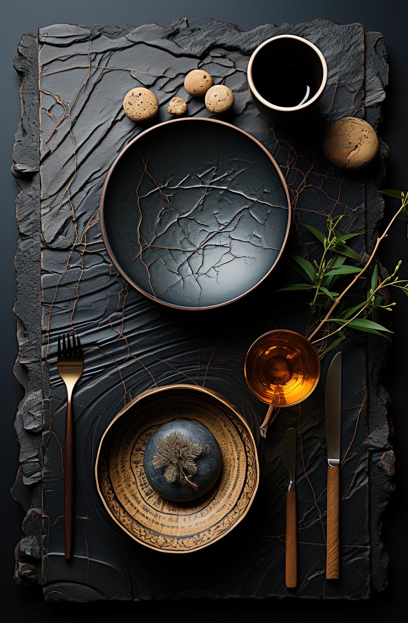 Catalog of plated dishes arranged on dark surface